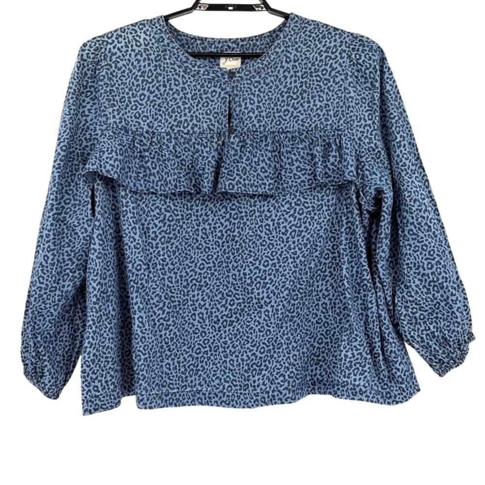 J.Crew Blue Leopard Top Sz 3X Ruffle Boho Peasant Preppy Balloon Sleeve Minimal